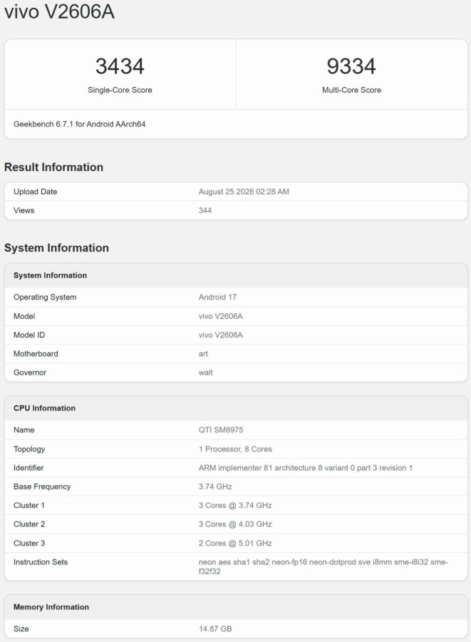 iQOO 16 on Geekbench