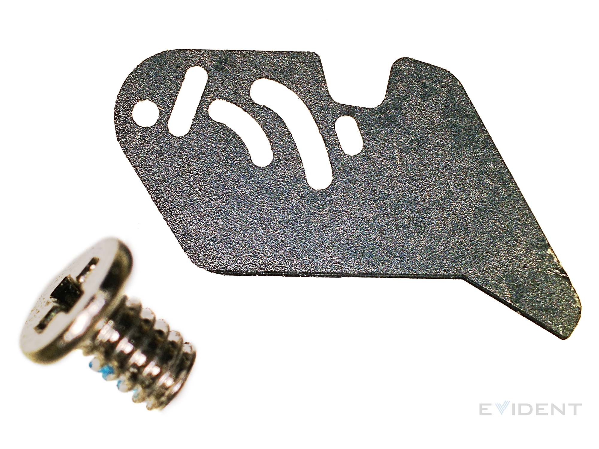camera aperture blade next to human hair (left) and next to 2mm screw (right)