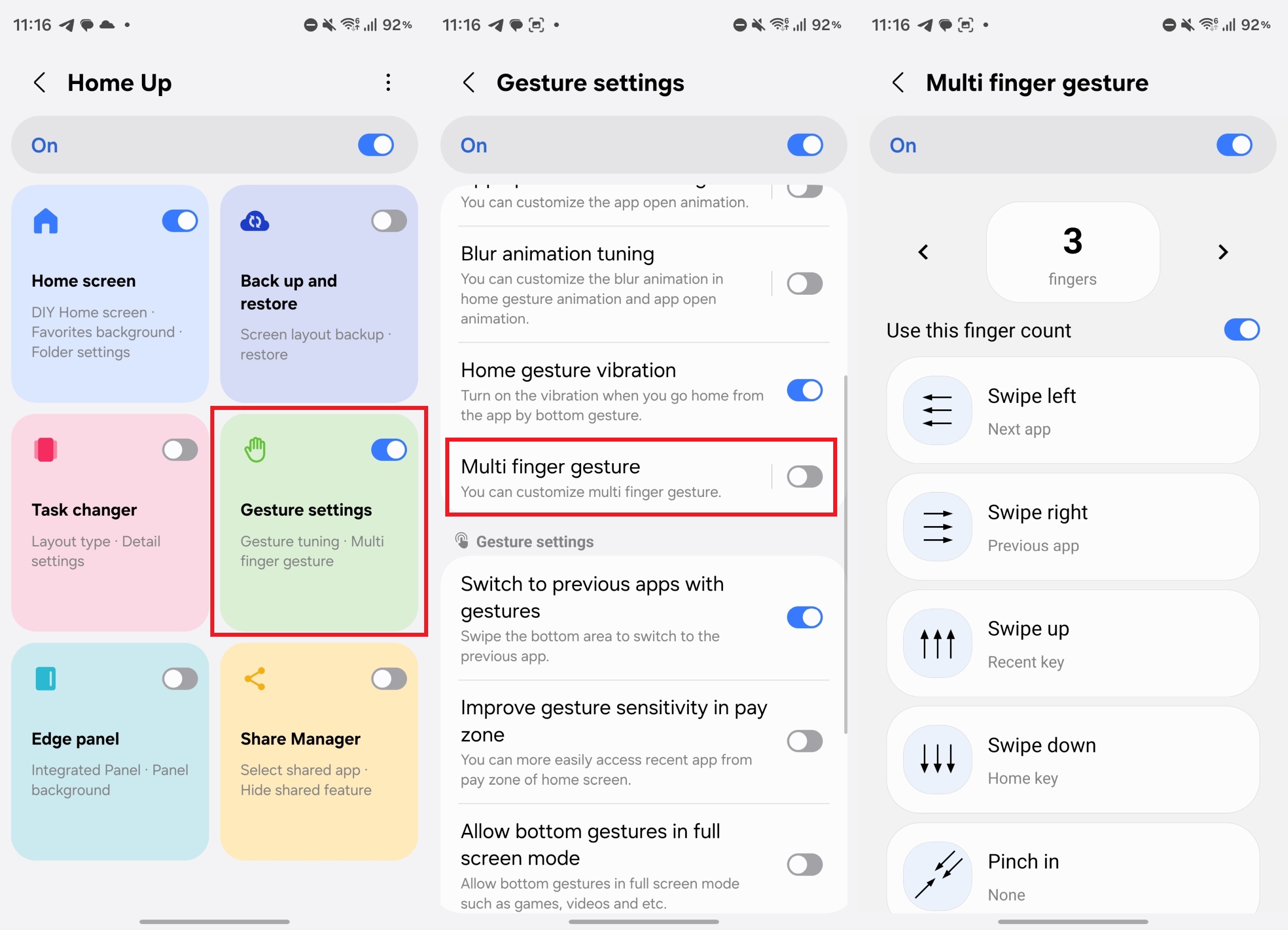 Multi finger gestures menu in One UI 9