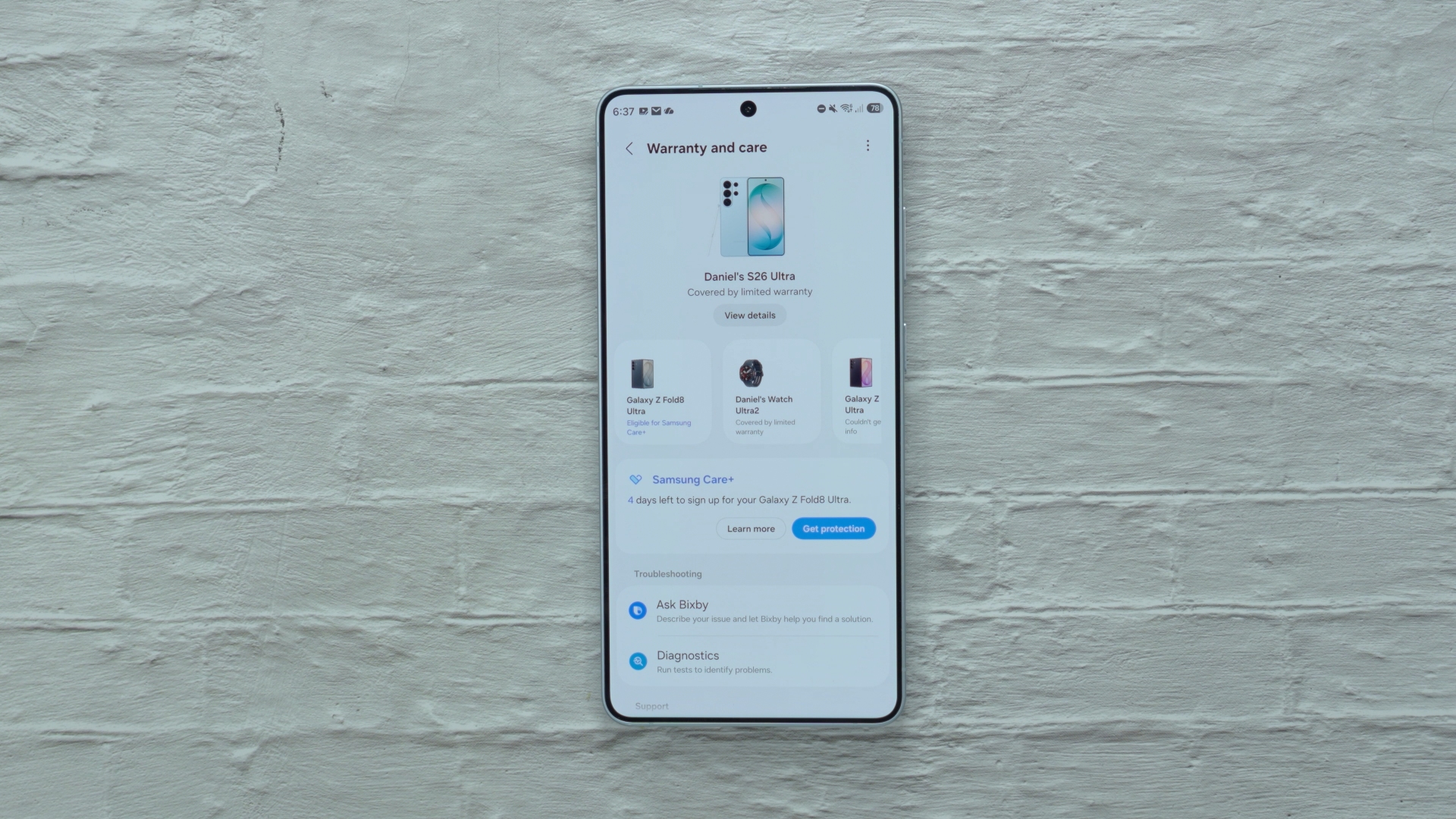 Warranty and care menu on One UI 9