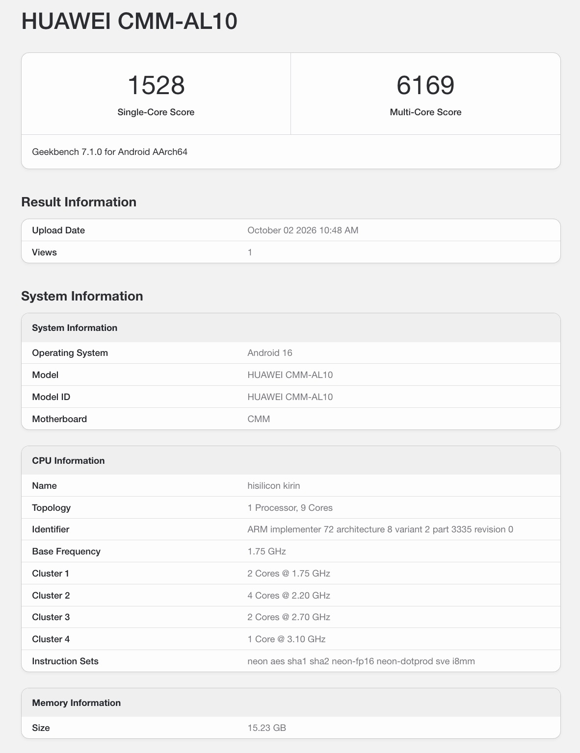 Huawei Mate 90 Pro Max on Geekbench 7