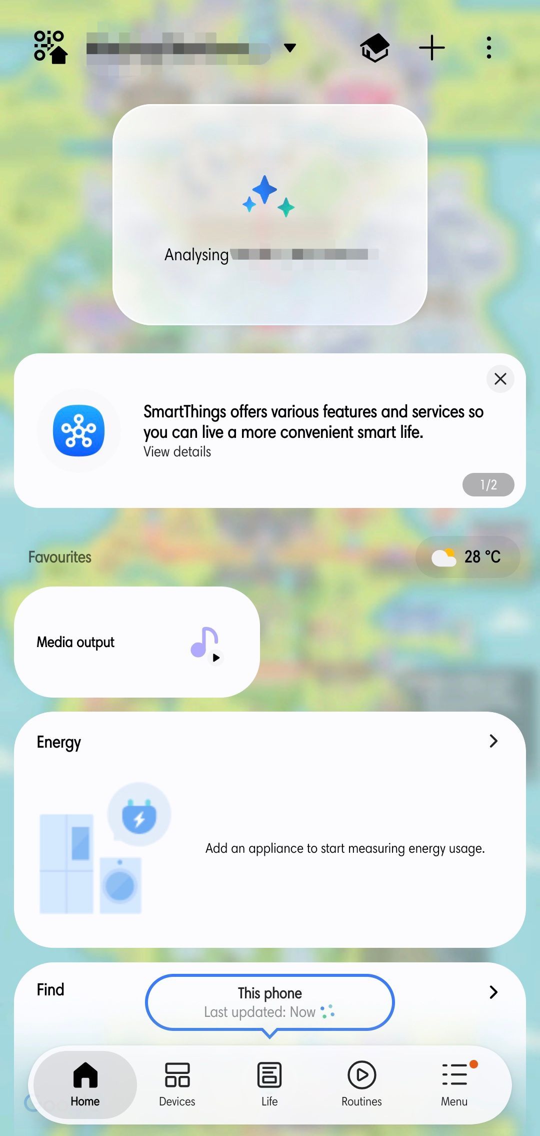 The redesigned Home tab on the SmartThings app (v1.8.51.30)